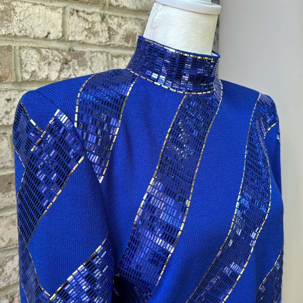 St. John Royal Blue Sequin Striped Cocktail Dress - Picture 3 of 16